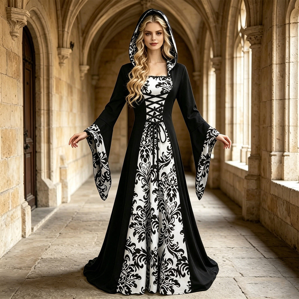 ZGRBOU Womens Vampire Witch Dress Halloween Cosplay Costumes Masquerade Hooded Gown Dress Medieval Gothic Dress Plus Size