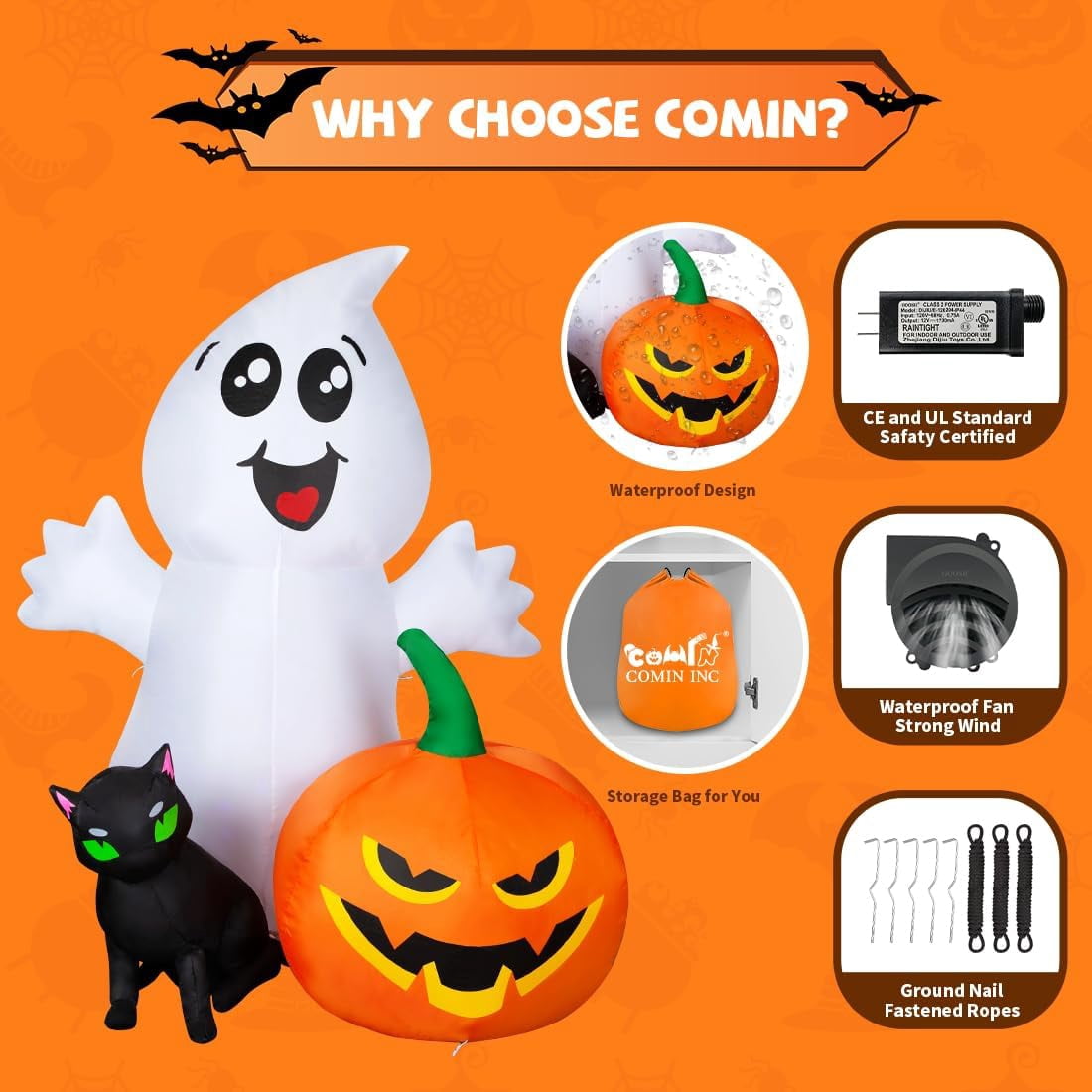 COMIN Halloween Inflatable 5FT Ghost with Black Cat and Pumpkin, Built-in LEDs Blow Up Yard Decoration for Party Outdoor Yard Garden Lawn