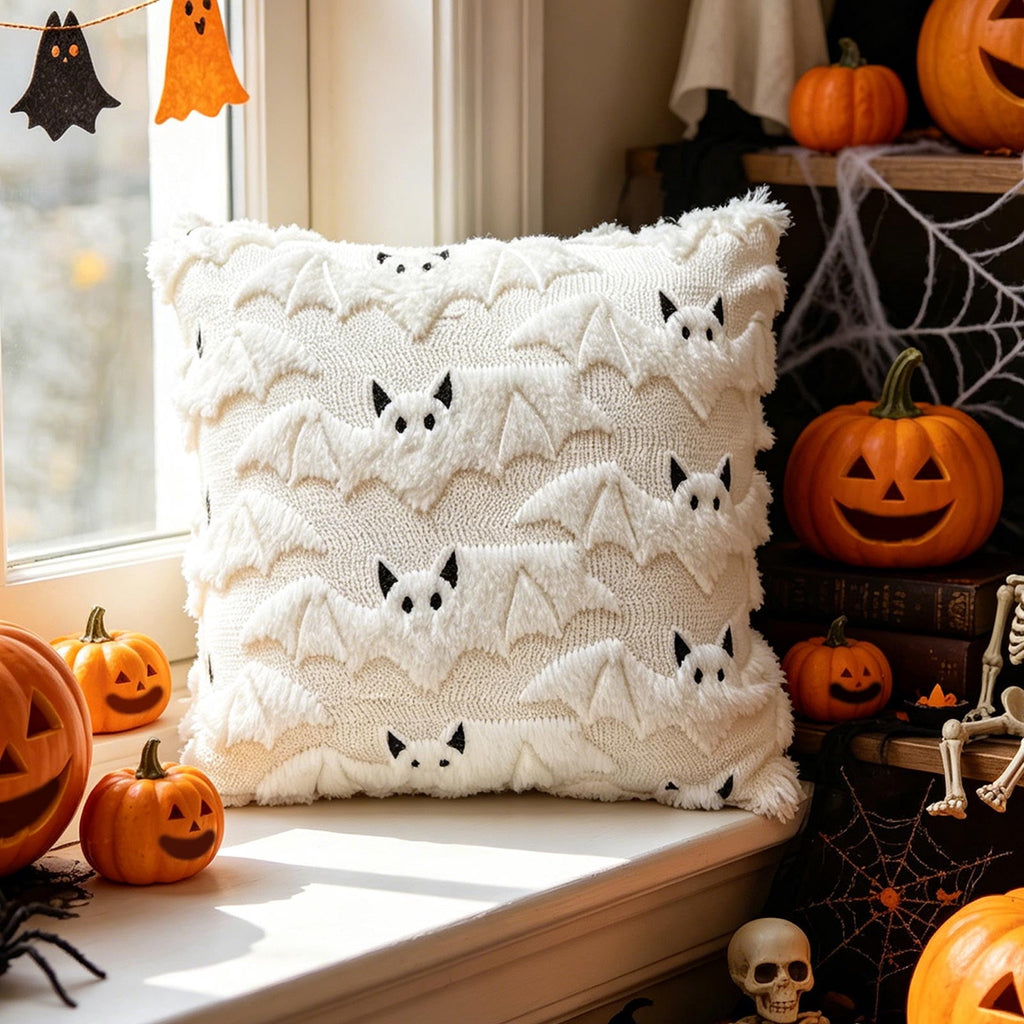 Yeciiwht Halloween Throw Pillow Cover – 18*18inch Embroidered Linen Cushion Case with Ghost, Mummy & Bat Designs, Invisible Zipper, Machine Washable