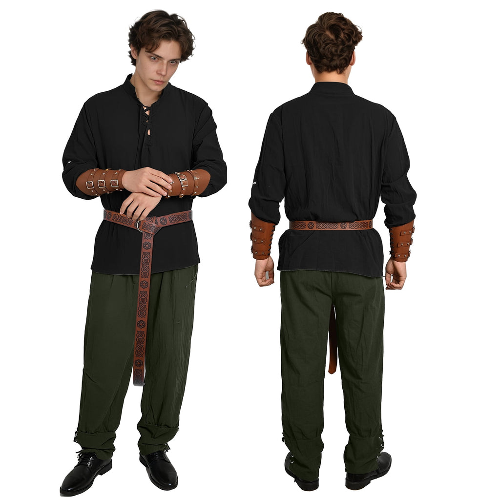 MYATED 5 Pcs Halloween Men's Renaissance Costume Set Medieval Pirate Shirt Ankle Banded Pants Viking Costume Accessories Set,Black,M