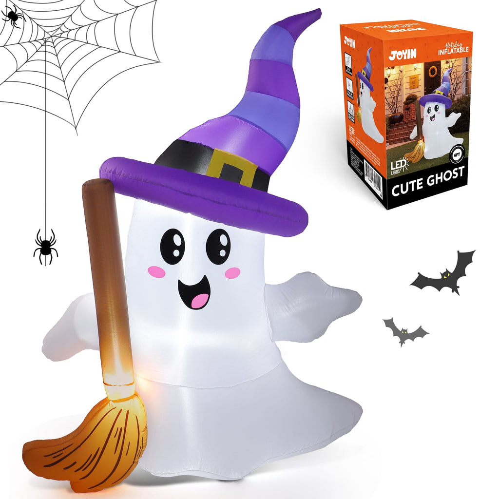 Joyfy 5ft Halloween Inflatables Light up Cute Ghost,Blow Up Ghost Lift Pumpkin Candy Bag with Build-in LEDs for Yard Decorations