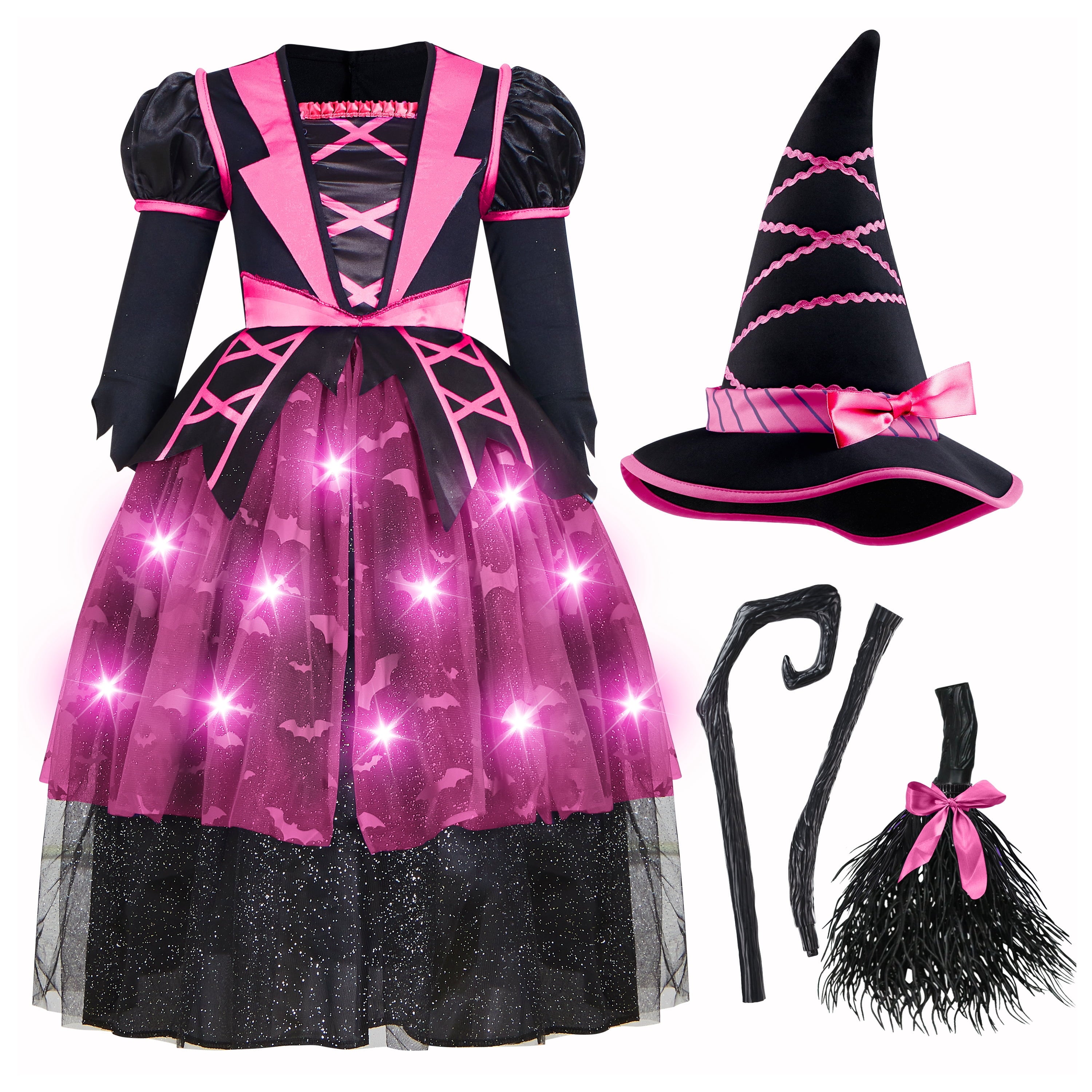 Joyfy Light up Witch Costume for Girls,Starry Witch Dress with Broom Hat for Kids and Toddlers, Perfect for Halloween Party Dress-up Cosplay Age 5-7