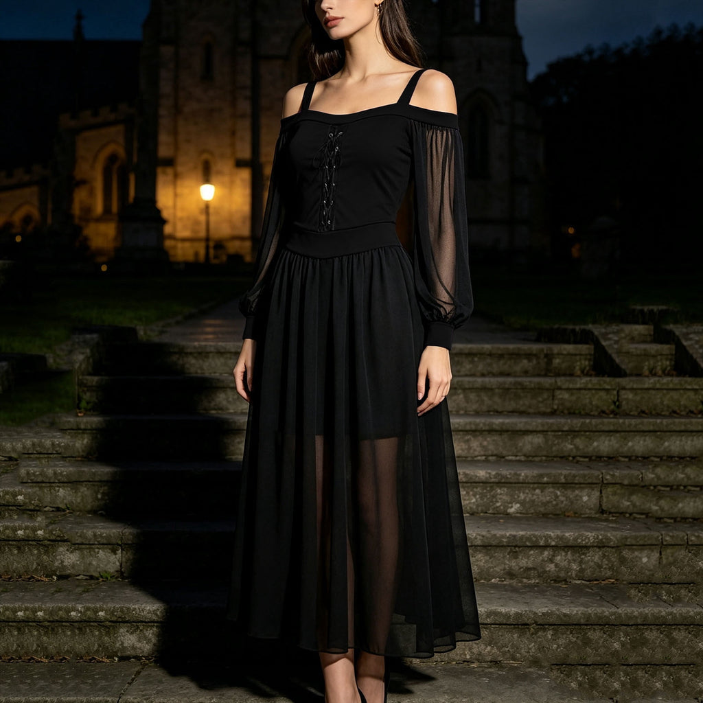 JOANKDMI Women's Gothic Midi Dress Elegant Vampire Costume Cold Shoulder Sheer Long Sleeve Lace-up Corset for Roleplay Halloween Party Outfit Chic, S-3XL