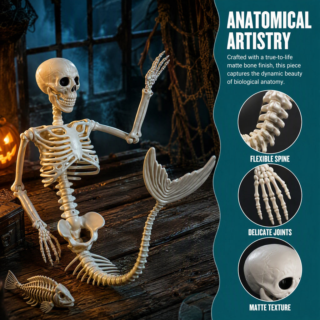 36inch Halloween mermaid skeleton, with flexible joints, can be posed and hung, suitable for Halloween indoor and outdoor decorations, parties, horror scenes and other occasions