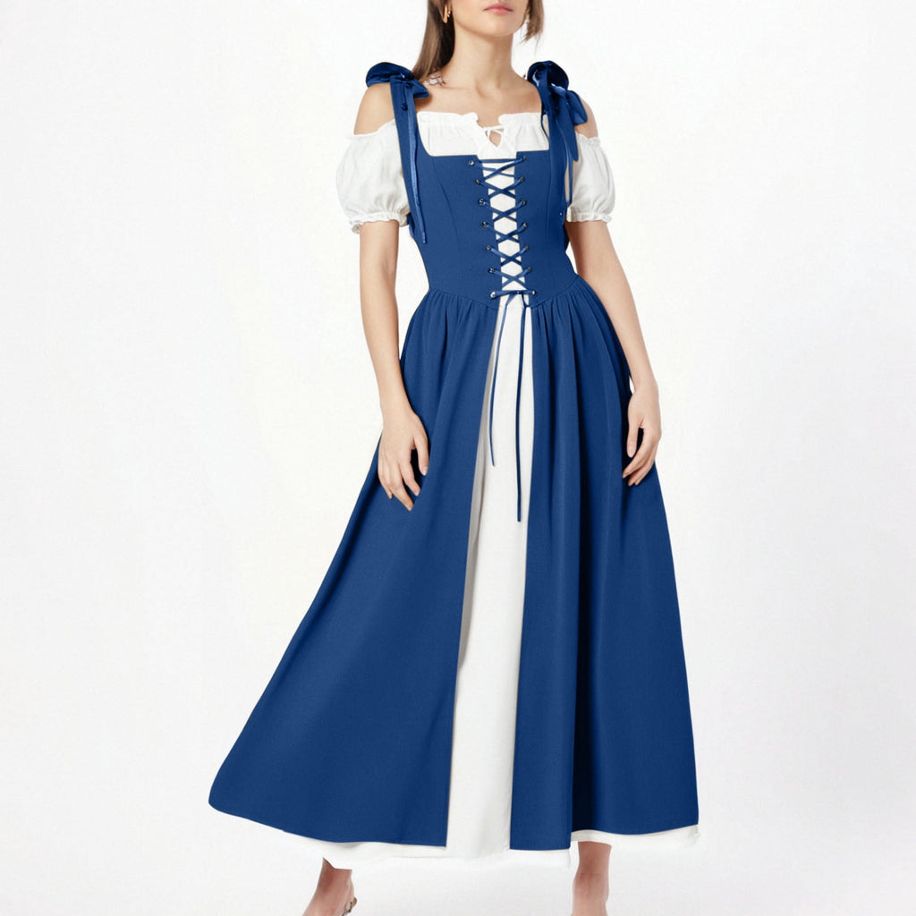 QATAINLAV Renaissance Costume Women Vintage Medieval Dress Cold Shoulder Short Sleeve Peasant Pirate Irish Maxi Dresses, Black, L