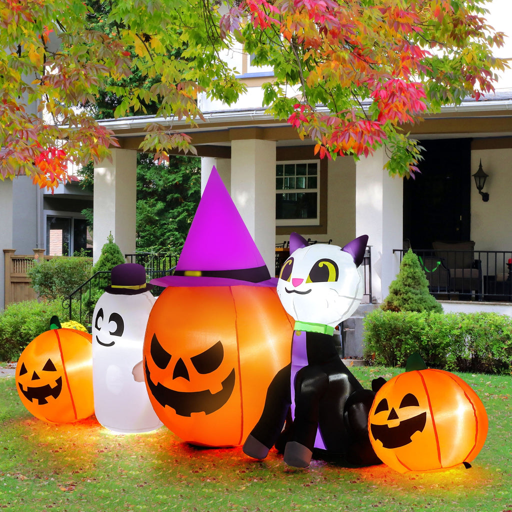 Yexmas 8ft Halloween Inflatable Pumpkins Outdoor Decor with Black Cat and Spectre,Built-in LED Lights,for Halloween Party,Yard,Garden,Lawn
