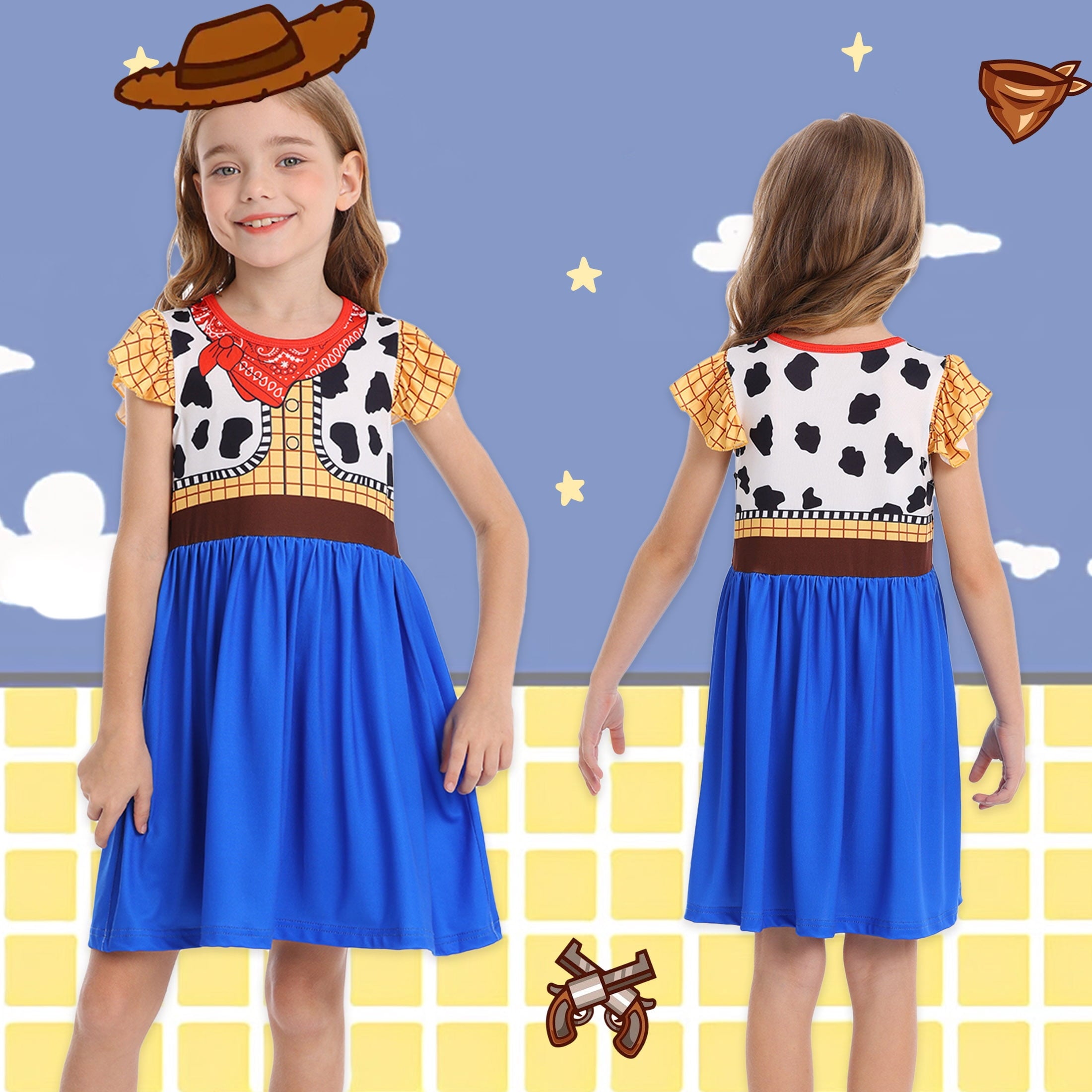 Benylion Cowgirl Costume for Girl Summer Dress Western Dress Up Outfit for Kids Halloween Cosplay Party Dresses Ruffle Sleeve for 5-6 Years
