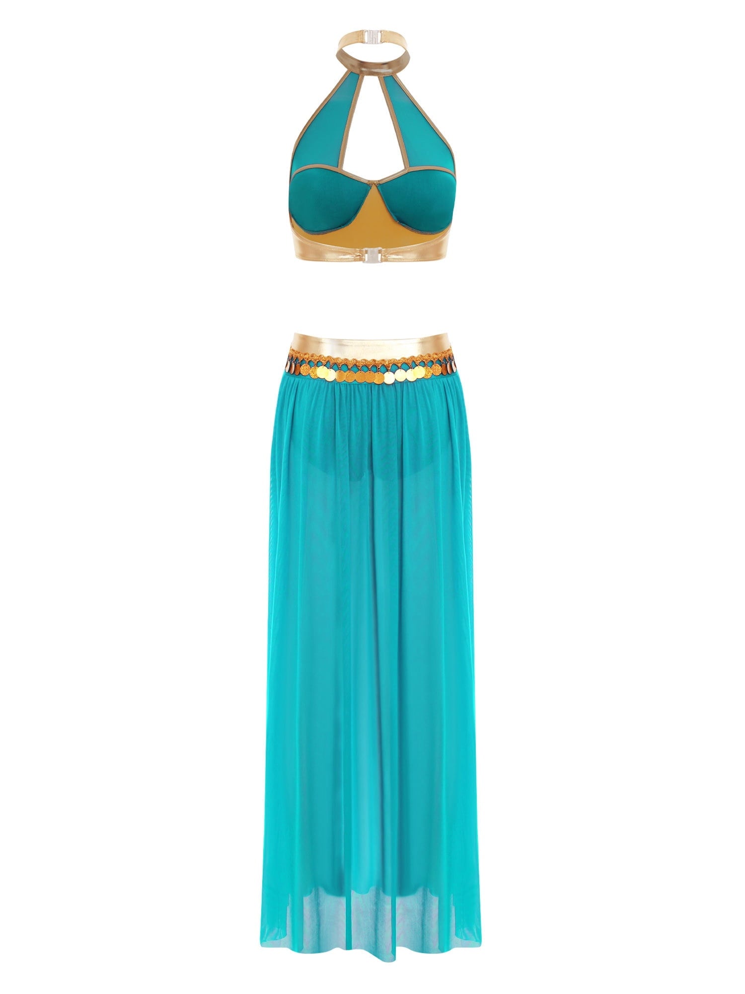 YiZYiF Women's Belly Dance Costume Halter Crop Top with Sequin Tassel Split Mesh Long Skirt 2Pcs Set Red A S