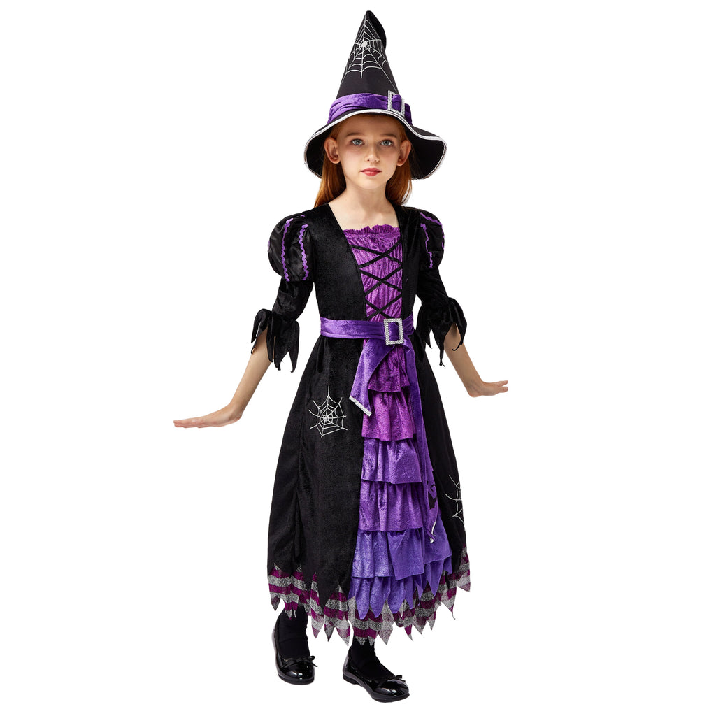 Joyfy Witch Costume Set for Girls, Halloween Fancy-Dress with Broom Hat for Toddler Kids Halloween Party Dress up 3-14 Years