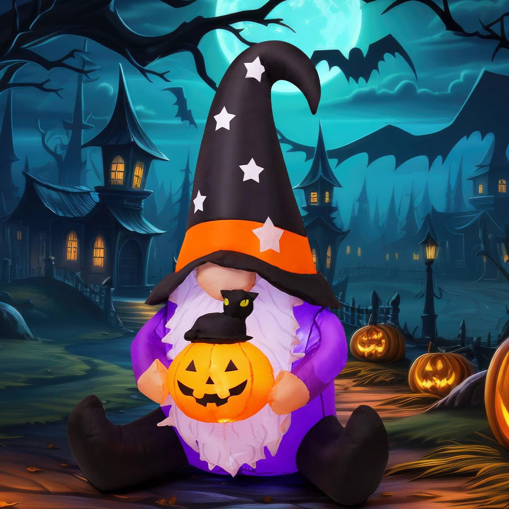 GOOSH Halloween Inflatables 5 FT Tall Inflatable Gnome Holding Pumpkin Black Cat with LEDs, Halloween Gnome Inflatables Blow up Gnome, Outdoor Halloween Decorations for Halloween Holiday Party