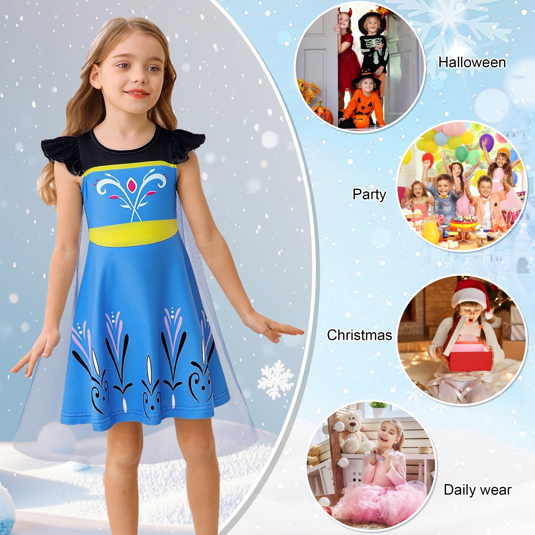 Benylion Girls Ice Princess Dress Halloween Cosplay Costumes With Tulle Cape Kids Birthday Party Dress up Outfit for 7-8 Years
