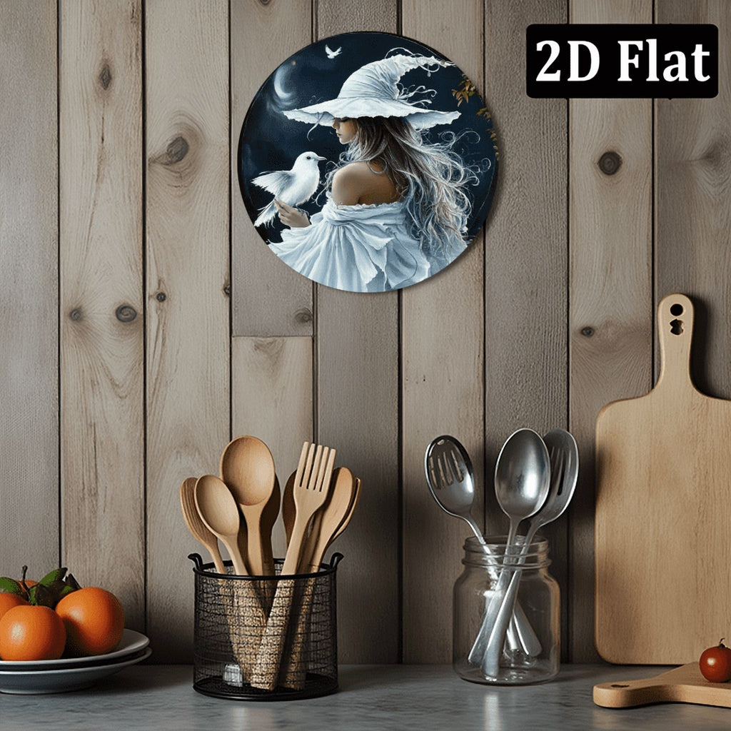 2D Enchanting White Witch &amp; Cat Round Sign - 8*8 Inch _ Durable, Fade-Resistant Wall Art for Home, Office, Cafe _ Mystical Forest &amp; Starry Sky Design _ Ideal Halloween &amp; Thanksgiving Gift
