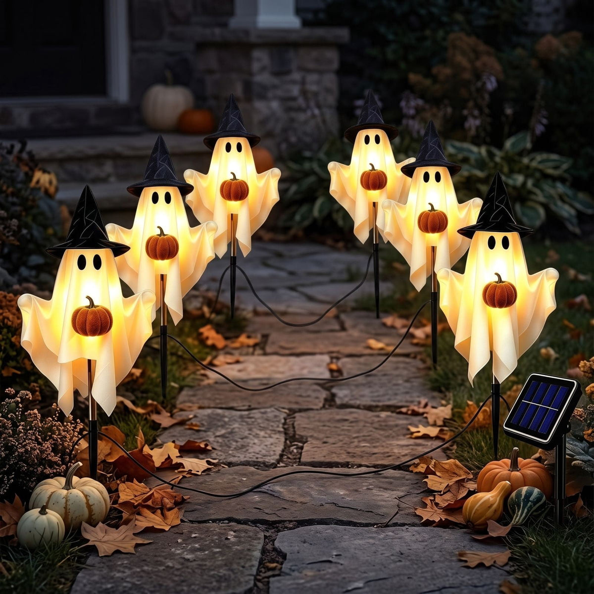 1-Pack Halloween Solar Lights with 8 Lighting Modes - Light Up Ghost Decorations for Outdoor, Witch Hat With Dimensional Pumpkin Halloween Ghost Path Lights