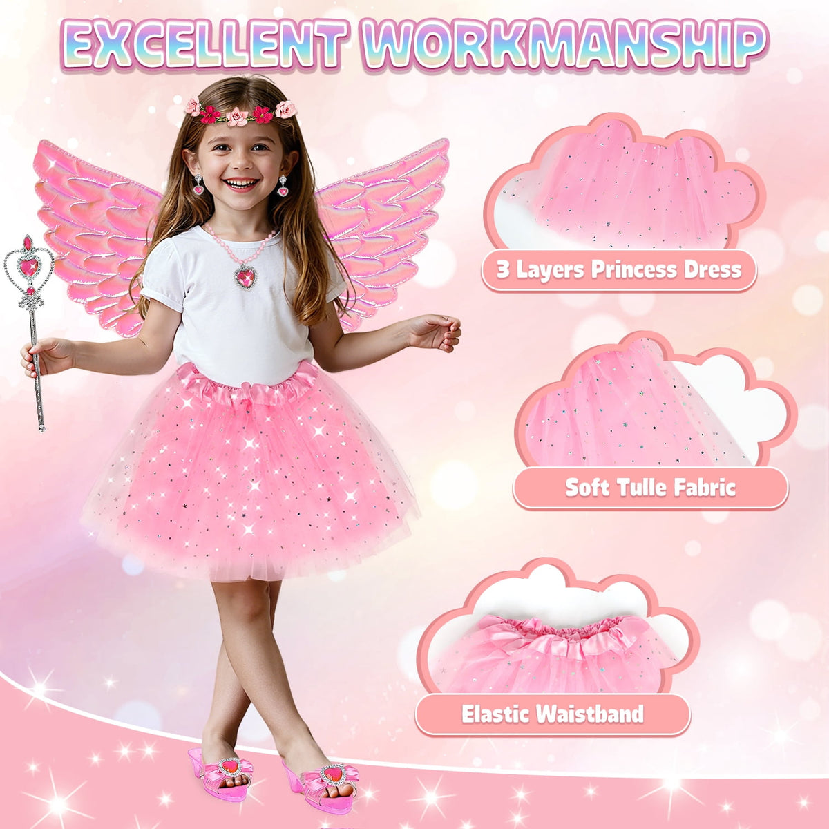 Princess Dress Up Toddler Girl Toys, Dress Up for Girls 3 4 5 6 Year Old, Princess Toys for Toddler, Upgraded with 3 Sets, Include Jewelry, Crown, Shoes, Princess Wand...Birthday Gift