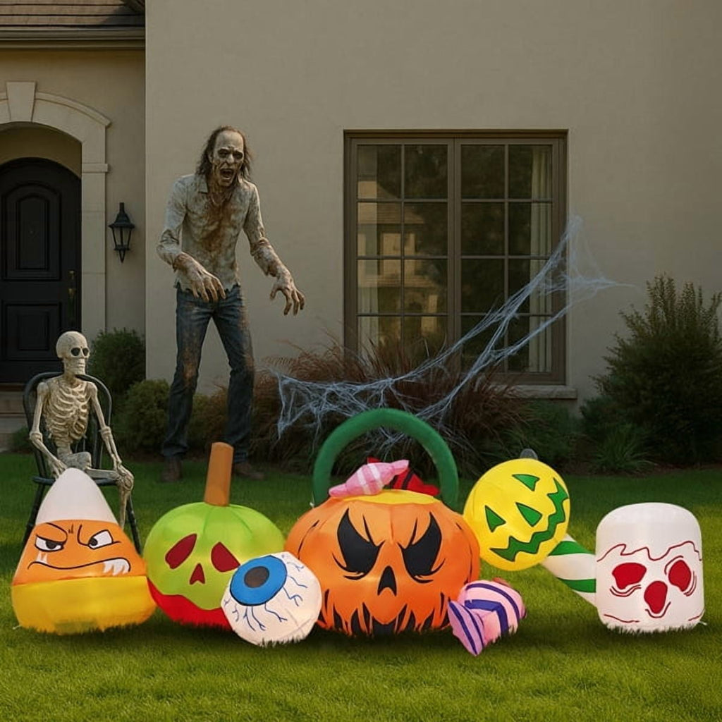 Alvantor 8 ft Long Halloween Inflatable Pumpkin Candy Display with Eyeball and 7 Warm White LED Lights