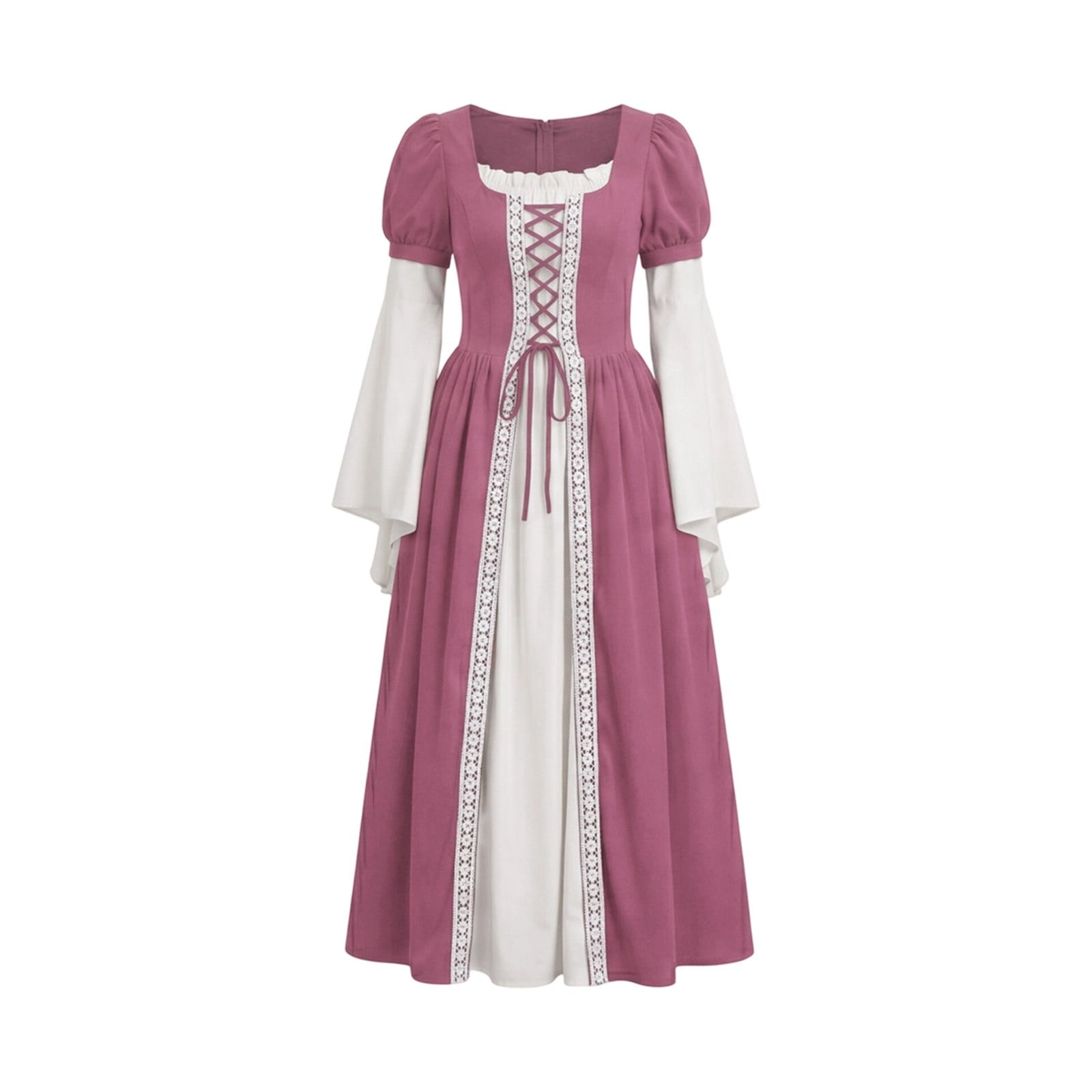 Hurxie Renaissance Costume Women Peasant Medieval Dress Maxi Fairy Dresses with Bell Sleeve Vintage Ren Faire Outfit