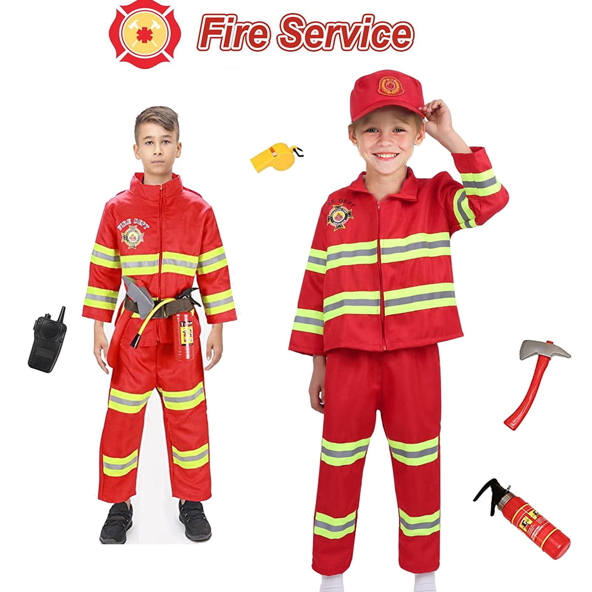NimJoy Fireman Halloween Costume Dress-up Set Pretend Role Play Firefighter Realistic Outfit Kit Preshool Toy for Boys 3-6 Years Toddler Birthday Christmas Present, 8Pcs Red