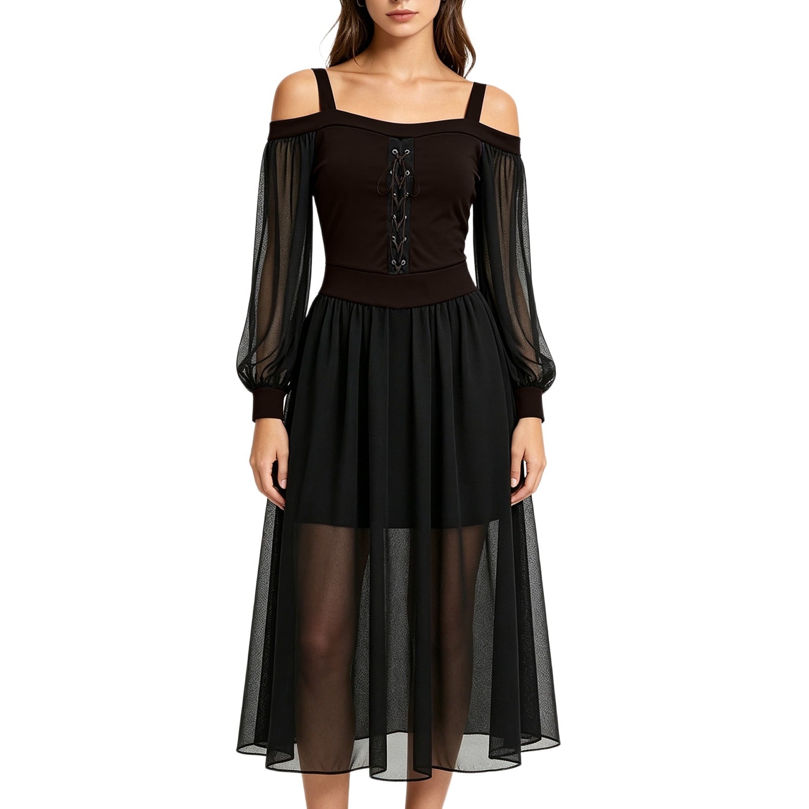 JOANKDMI Women's Gothic Midi Dress Elegant Vampire Costume Cold Shoulder Sheer Long Sleeve Lace-up Corset for Roleplay Halloween Party Outfit Chic, S-3XL