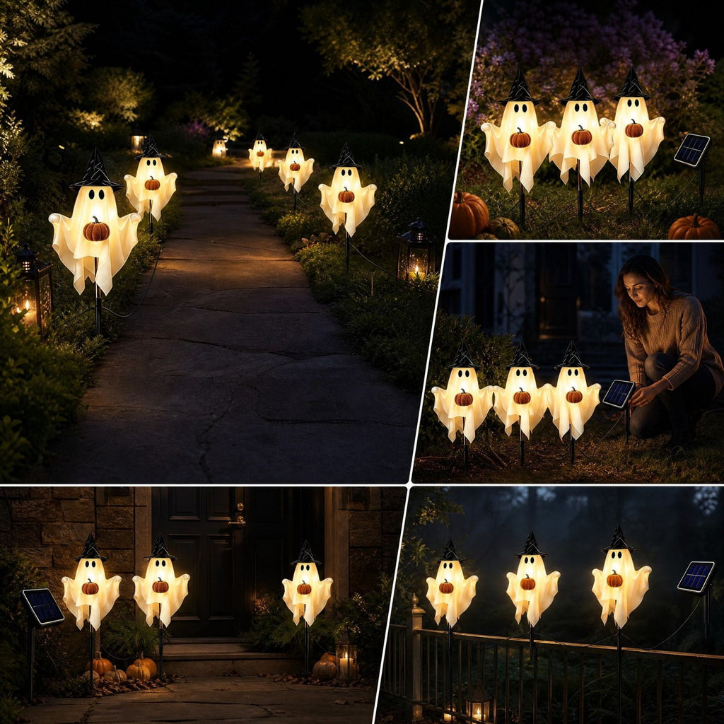 1-Pack Halloween Solar Lights with 8 Lighting Modes - Light Up Ghost Decorations for Outdoor, Witch Hat With Dimensional Pumpkin Halloween Ghost Path Lights