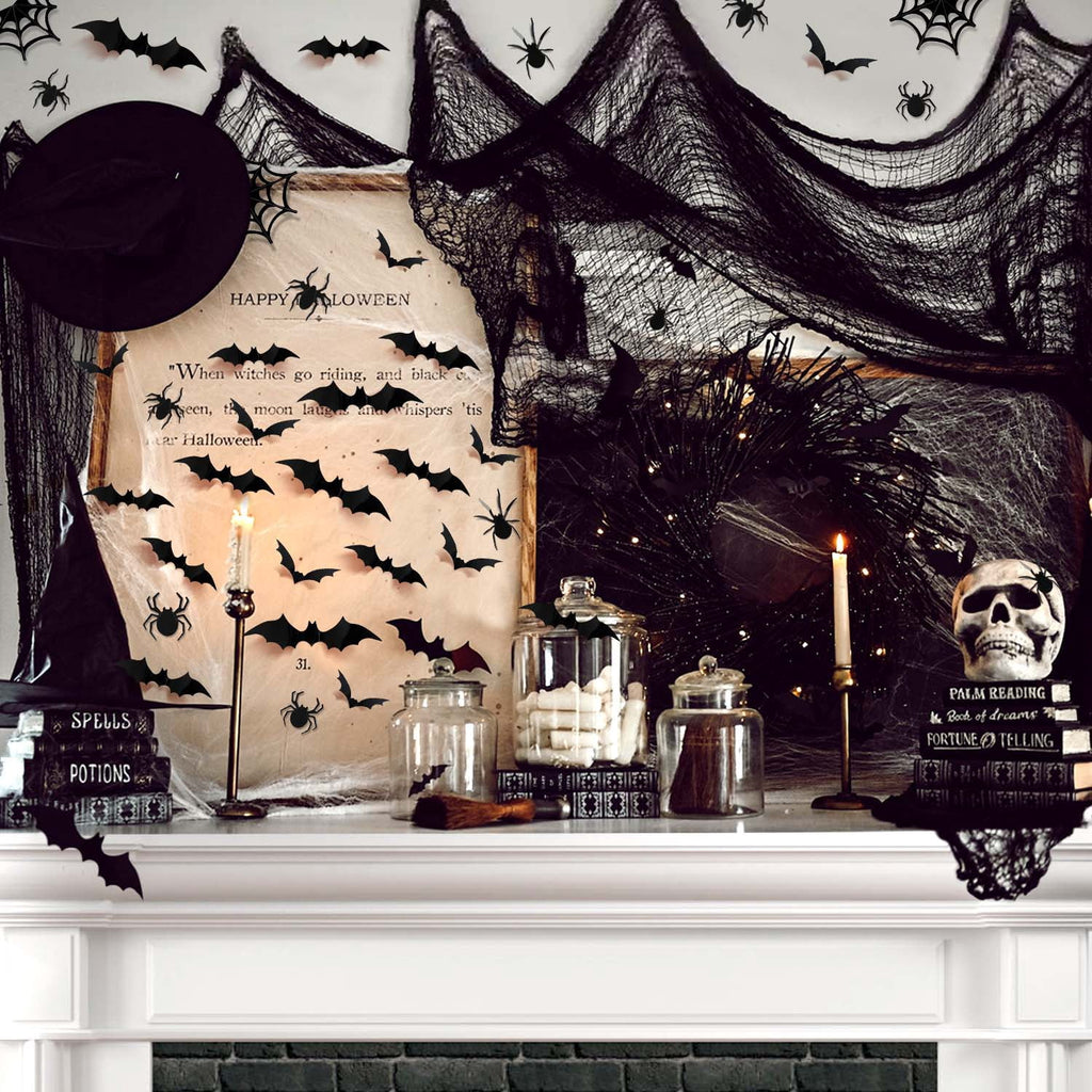 Ayieyill 126pcs Halloween Bat Stickers for Halloween Wall Decor and Window Clings, 3D Spider and Bat Decals for Indoor Halloween Decor