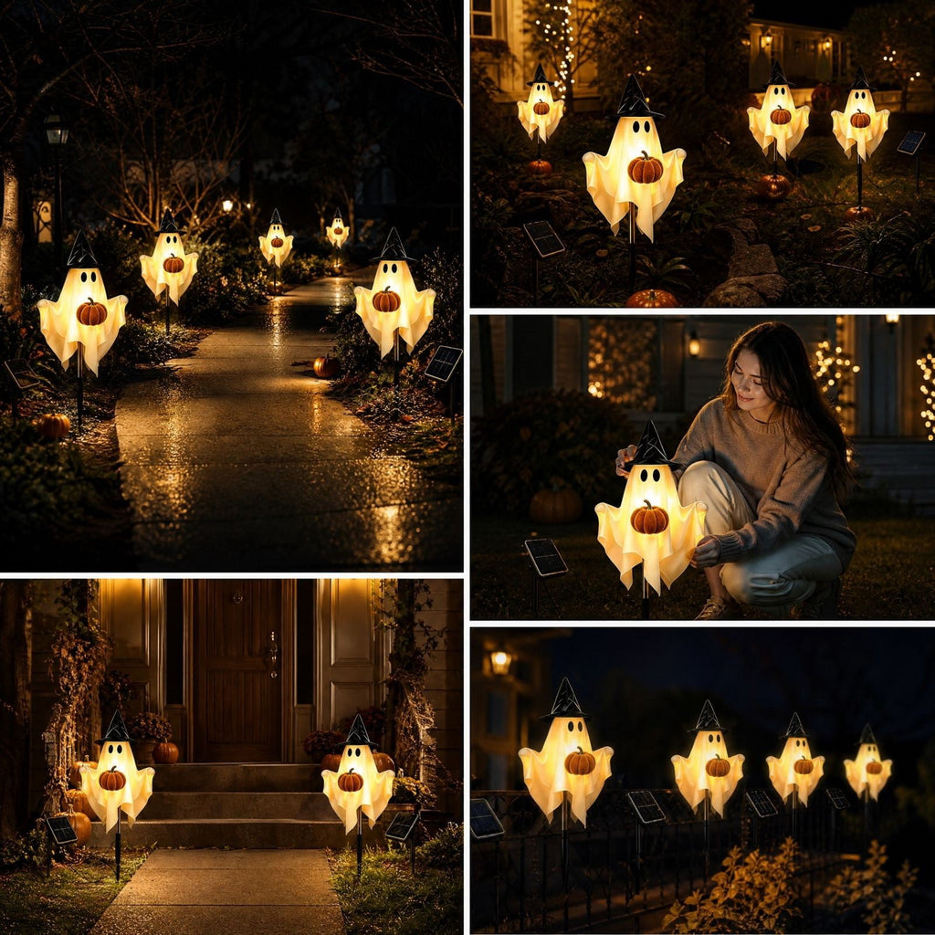 1-Pack Halloween Solar Lights with 8 Lighting Modes - Light Up Ghost Decorations for Outdoor, Witch Hat With Dimensional Pumpkin Halloween Ghost Path Lights
