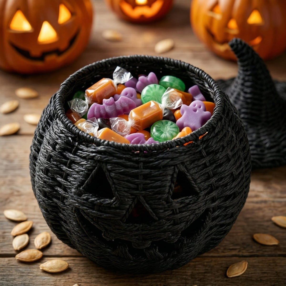 2026 Halloween Black Woven Seagrass Pumpkin Storage Basket with Lid, Fall Indoor Home Decorations for Halloween Party Home Halloween Decor, 10.2 inch