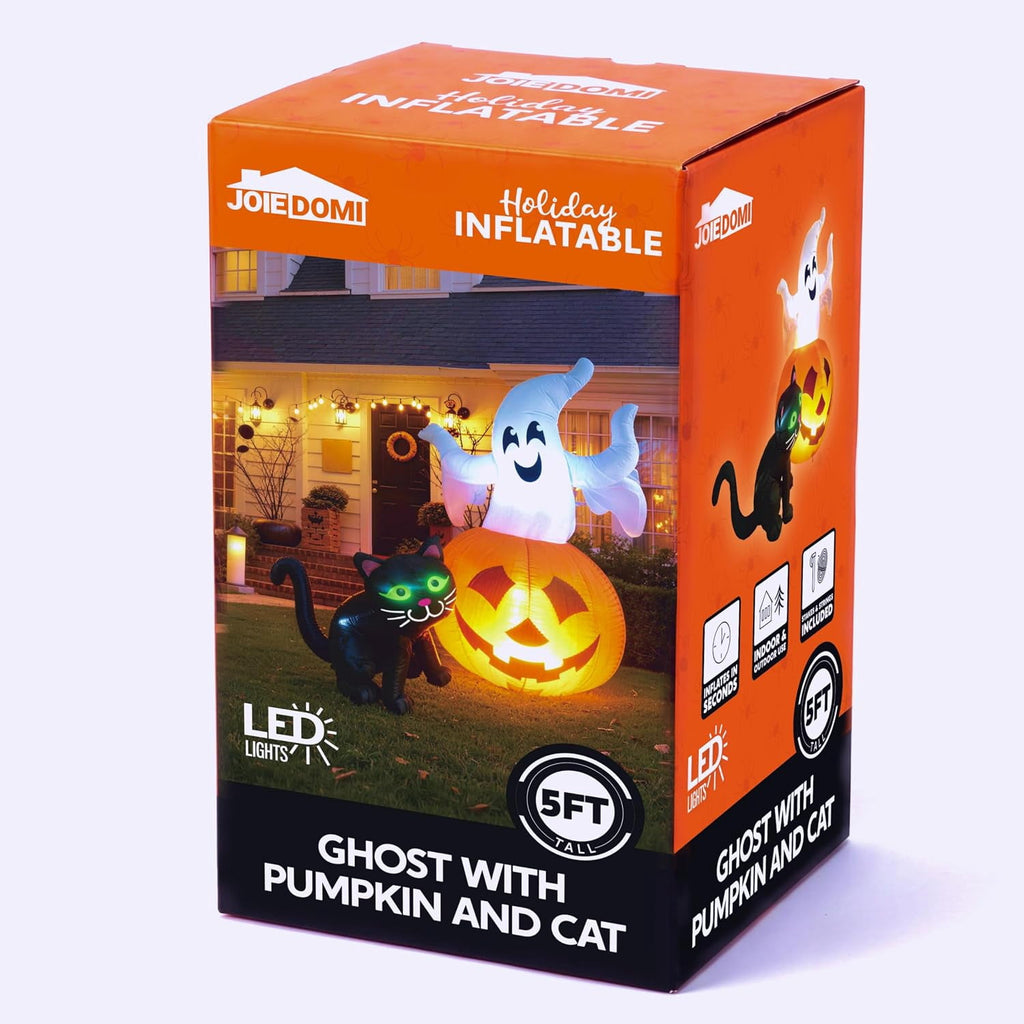 Joyfy 5ft Halloween Inflatables Light up Cute Ghost,Blow Up Ghost Lift Pumpkin Candy Bag with Build-in LEDs for Yard Decorations