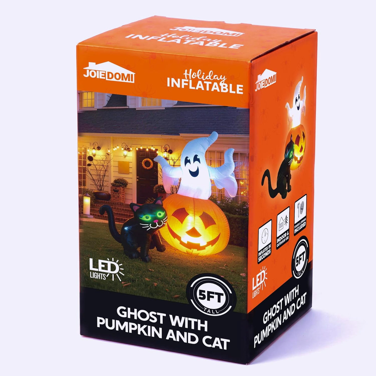Joyfy 5ft Halloween Inflatables Light up Cute Ghost,Blow Up Ghost Lift Pumpkin Candy Bag with Build-in LEDs for Yard Decorations