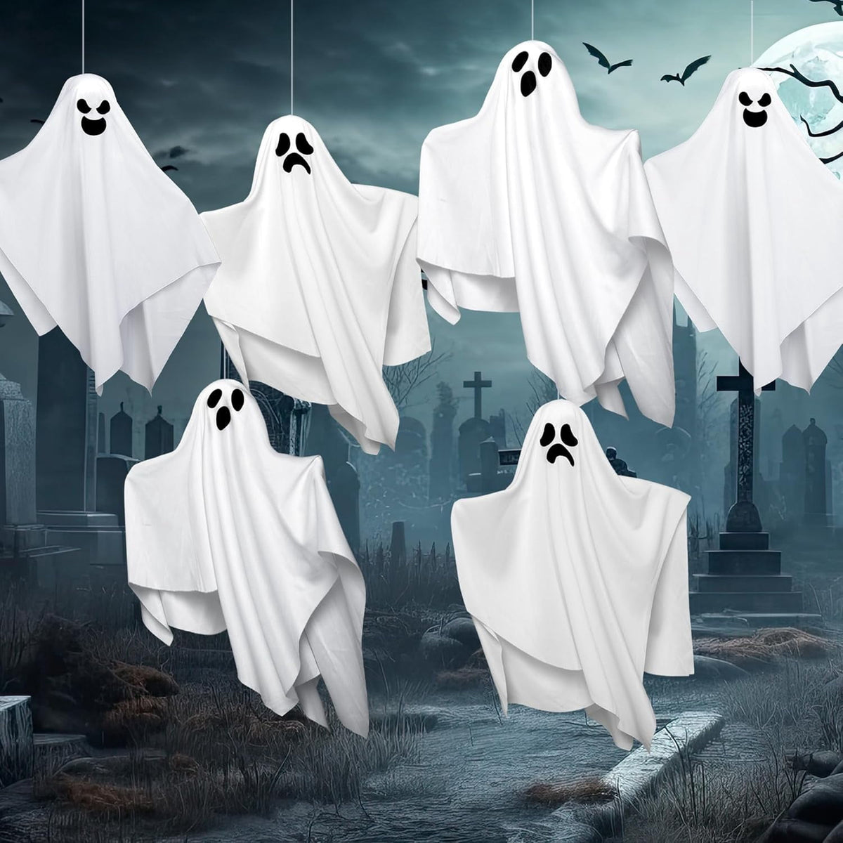 Joyfy 3 Pack Halloween Hanging Ghosts Decorations,27.5" Cute Scary Flying Ghosts Outdoor Hanging Halloween Decorations Yard Decorations