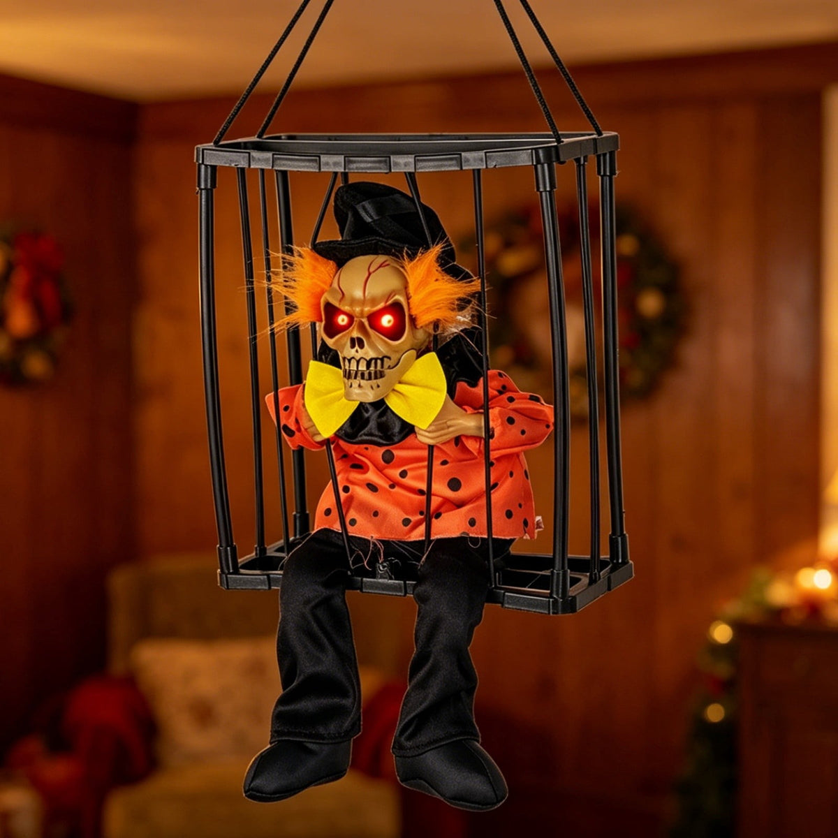 XIA0LE Halloween Hanging Caged Skeleton Prisoner Decoration, Animated Shaking Scary Ghost With Motion Sensor & Sound, Glowing Red Eyes Activated For Indoor Outdoor Party Decor (C)
