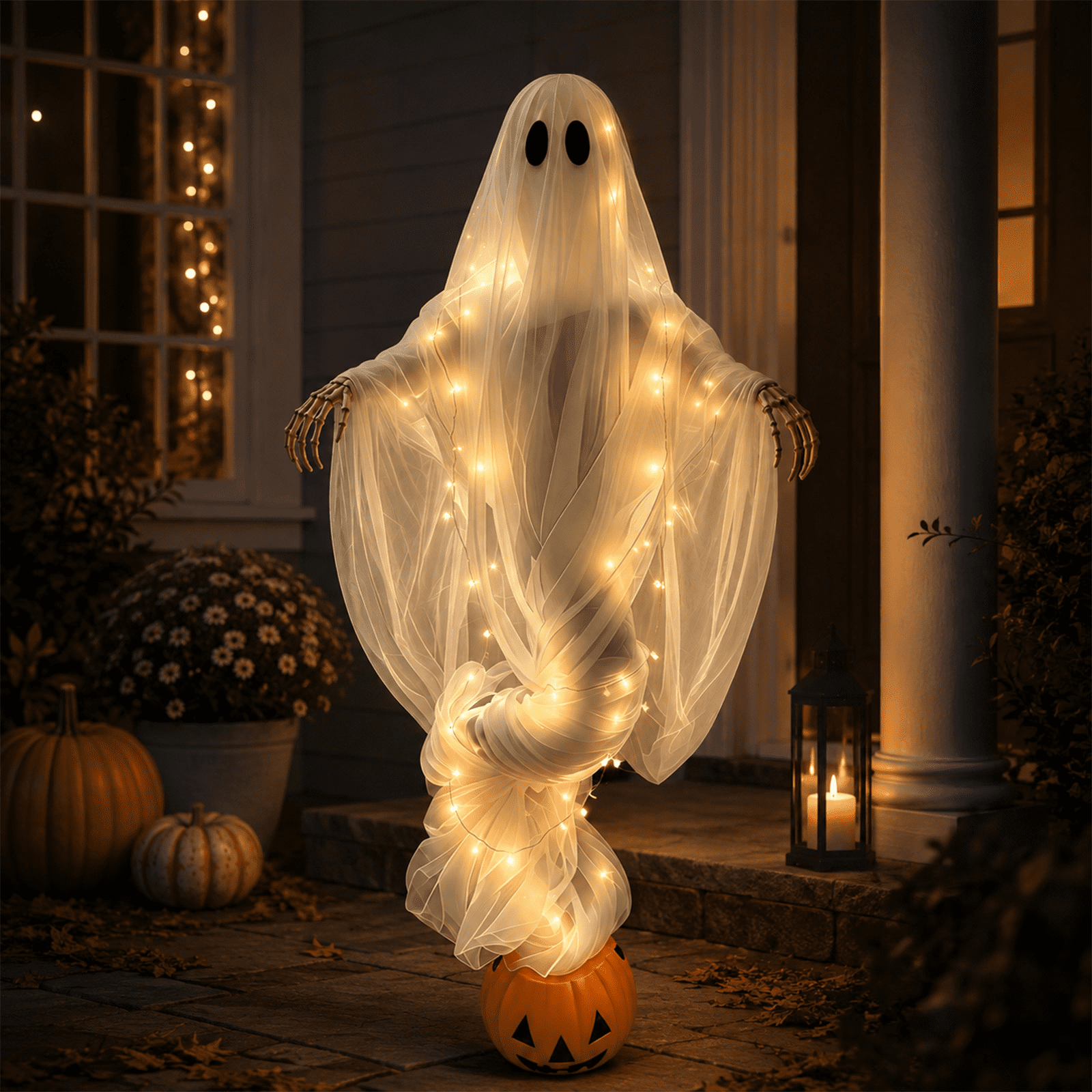 Swirling Ghost Pumpkin Yard Lamp, Lighted Spooky Ghost Statue, Warm LED Halloween Decorations Outdoor, Fall Autumn Garden Lawn Porch Pathway Ornament for Halloween Party Decoration