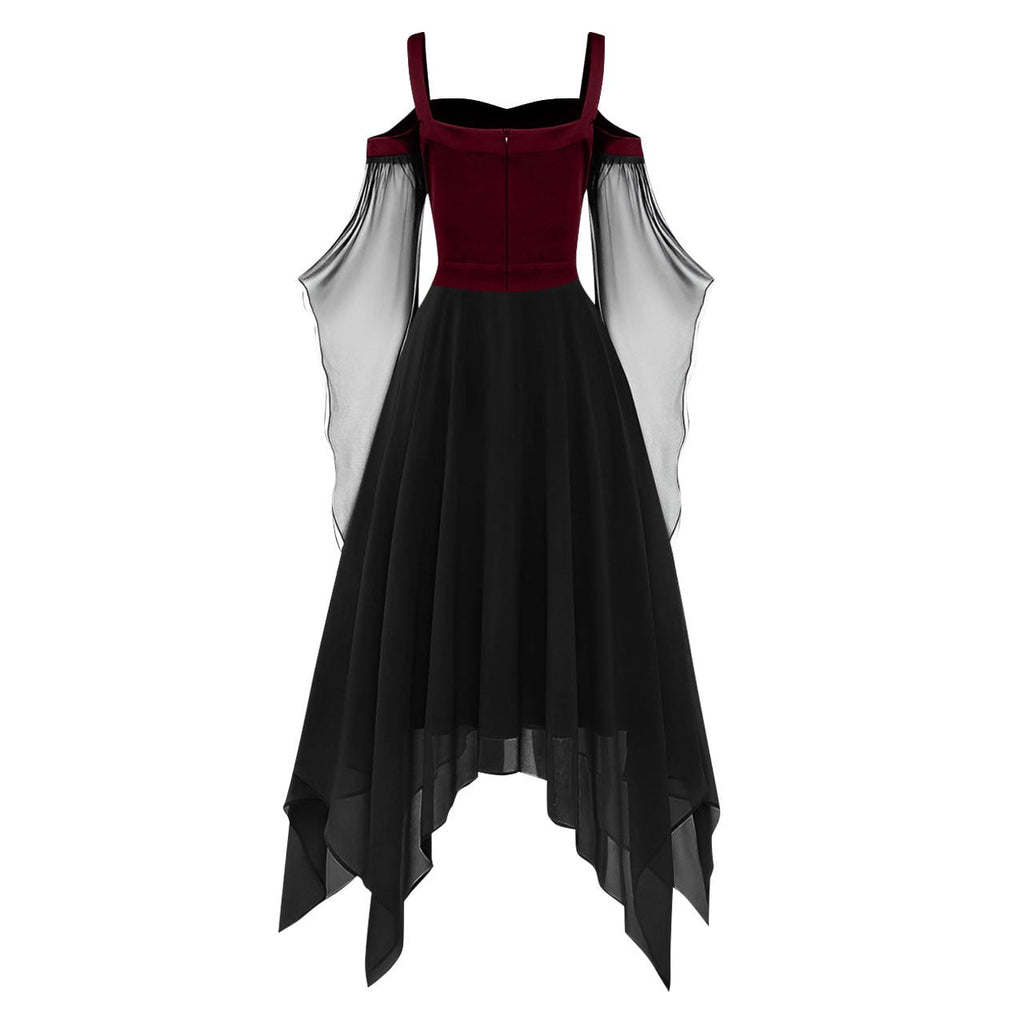 Women Gothic Cold Shoulder Midi Dress, Sheer Flare Bell Sleeve Front Corset Irregular Witch Costume Dress, Adult Halloween Dark Aesthetic Vintage Formal Evening Cosplay Party Outfit(Navy-2/M)