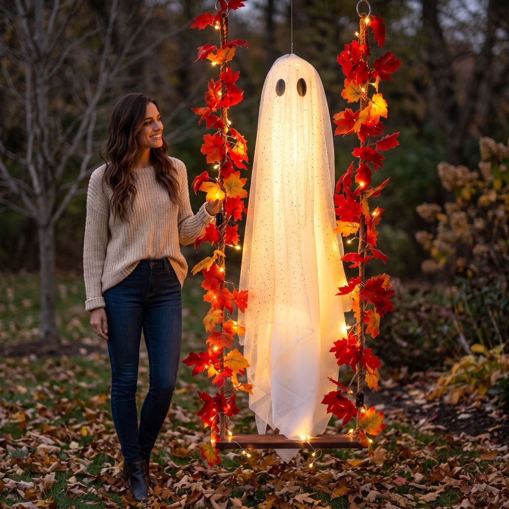 Outdoor Halloween Decorations Large Hanging Ghost and Witch Broom with Lights, Spooky and Cute Ghost Decor for the Front Porch, Yard