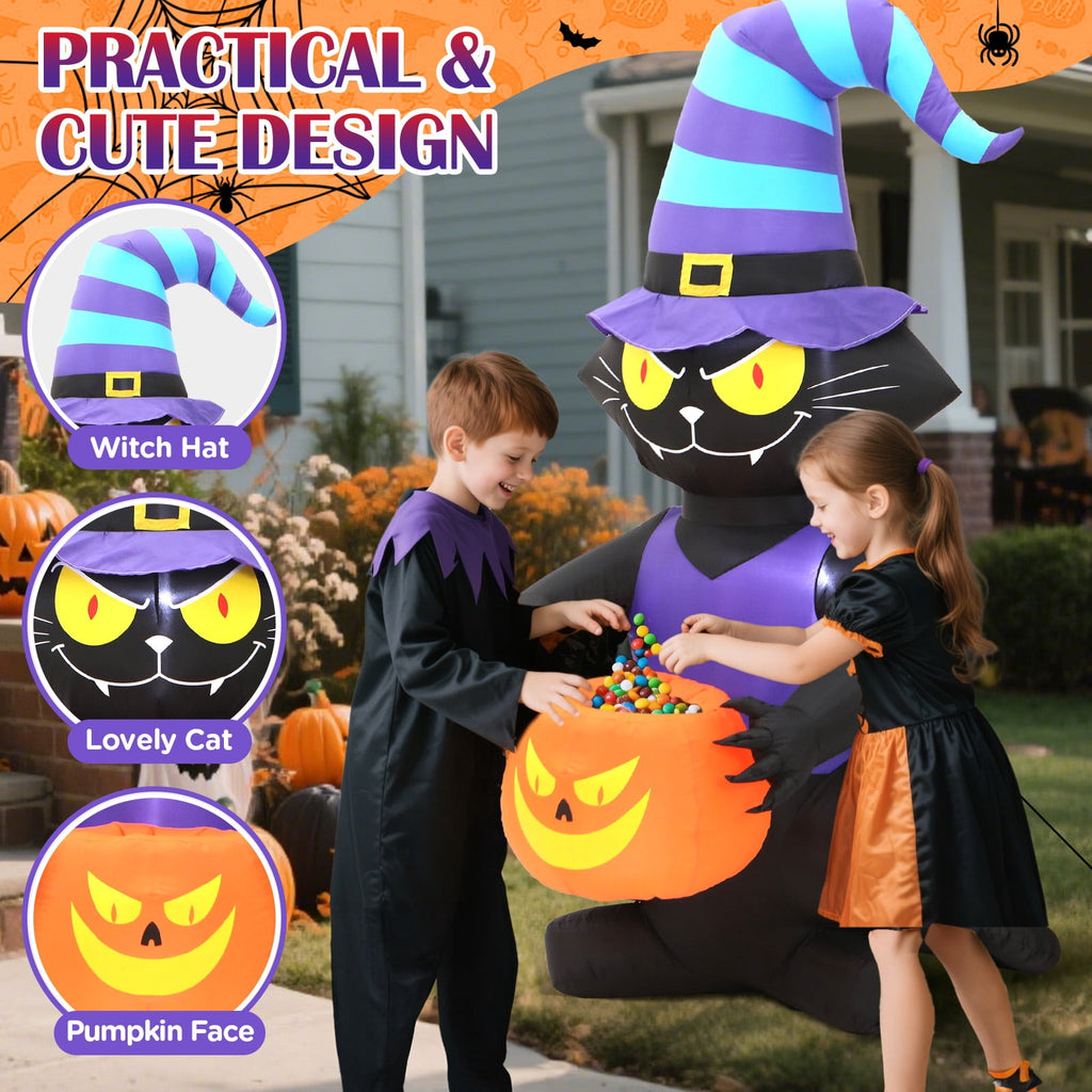 Toiyjofe 6ft Halloween Inflatable Black Cat with Glowing Jack o' Lantern and Witch Hat, Outdoor LED Trick-or-Treat Decoration for Yard, Lawn & Porch