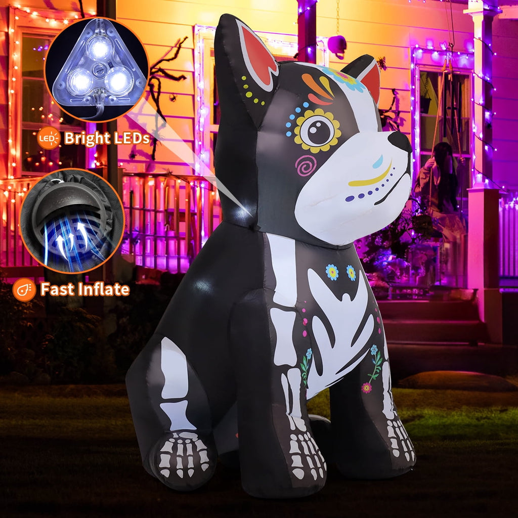 GOOSH Halloween Inflatables 5 FT Halloween Dog Inflatable with LED Lights, Halloween Blow up Dog Inflatable Skeleton Bulldog, Outdoor Halloween Decorations Skeleton Dog Blow up for Halloween Holiday