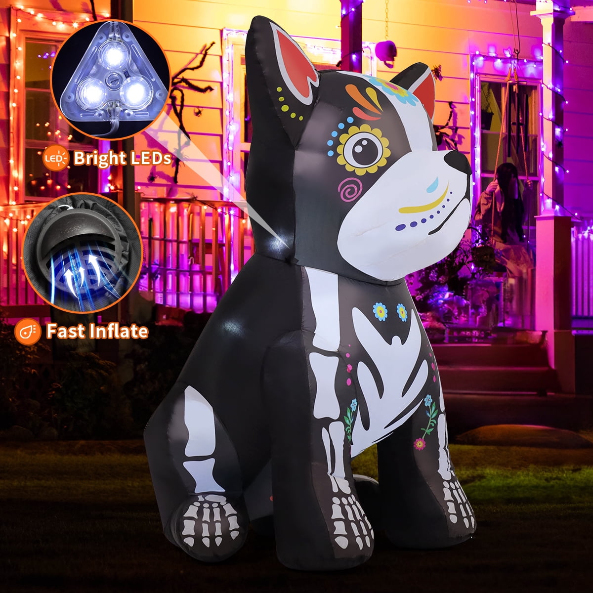 GOOSH Halloween Inflatables 5 FT Halloween Dog Inflatable with LED Lights, Halloween Blow up Dog Inflatable Skeleton Bulldog, Outdoor Halloween Decorations Skeleton Dog Blow up for Halloween Holiday