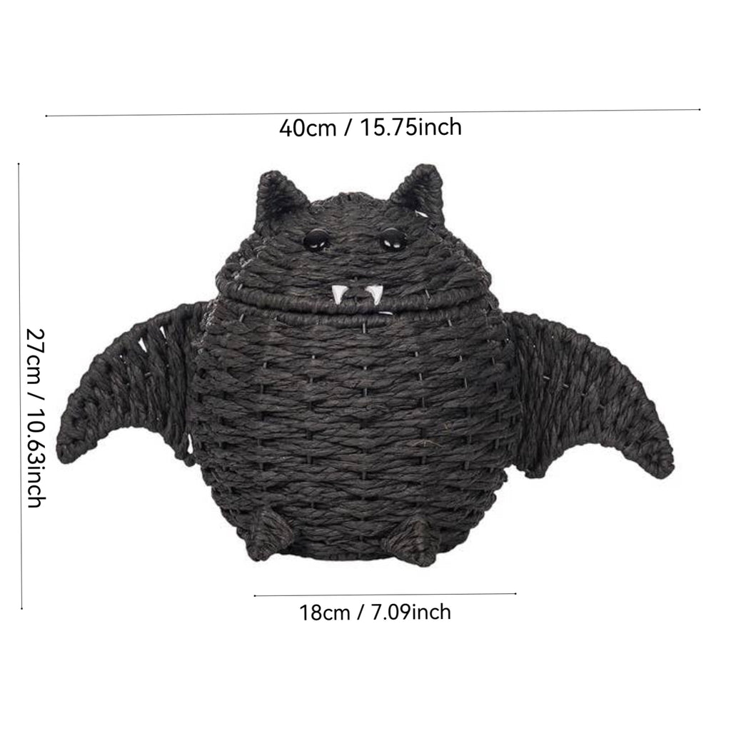 Gomind Halloween Woven Bat Storage Basket 15.75"x10.63", Handcraft Rattan Bat Candy Bowl with Lid, Indoor Tabletop Decor Organizer