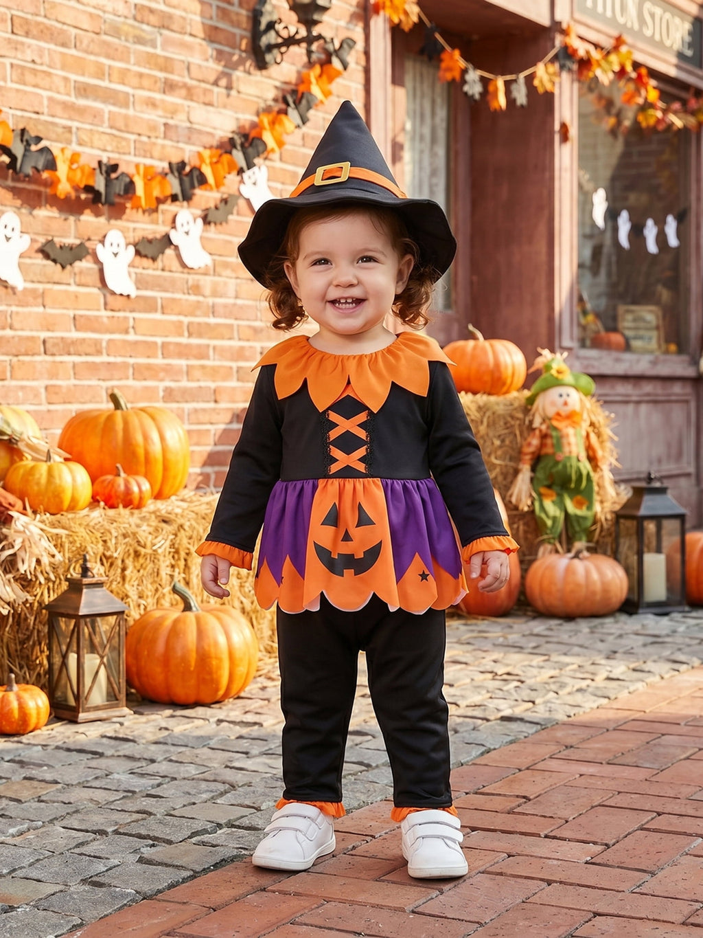 RUINIXCW Toddler Baby Girl Halloween Witches Costume Kids Pumpkin Costume Infant Girl Fall Cosplay Outfit Long Sleeve Collar Babydoll Shirt and Pants Hat Set