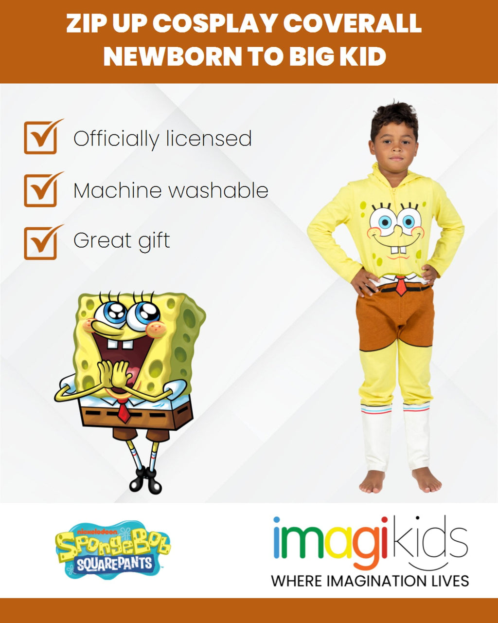 SpongeBob SquarePants Big Boys Zip Up Cosplay Costume Coverall Newborn to Big Kid