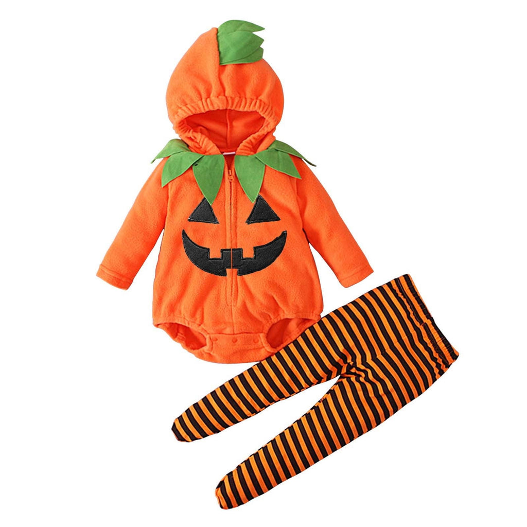 Newborn Infant Cute Jack-O-Lantern Costume Halloween Bodysuit and Striped Leggings Set Fall Holiday Fancy Dress Up Outfit for Boys Girls Party Festival