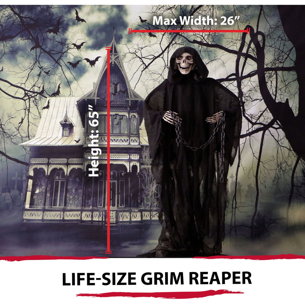 Haunted Hill Farm 5 ft Life-Size Animated Grim Reaper Prop w/ Chain and Rotating Head for Indoor or Outdoor Halloween Decoration, Battery-Operated
