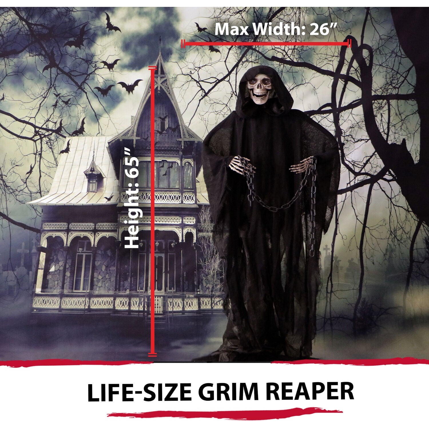 Haunted Hill Farm 5 ft Life-Size Animated Grim Reaper Prop w/ Chain and Rotating Head for Indoor or Outdoor Halloween Decoration, Battery-Operated