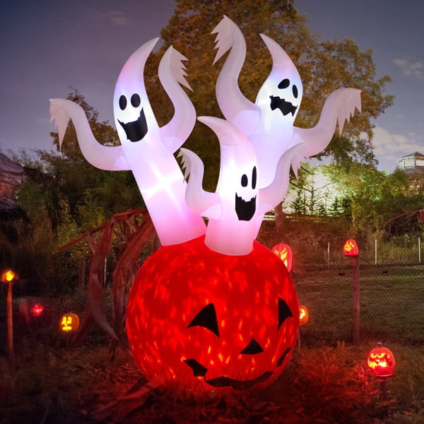 5.9FT Halloween Inflatable Pumpkin Ghost, Built-in LED Lights, Waterproof Polyester for Yard/Garden