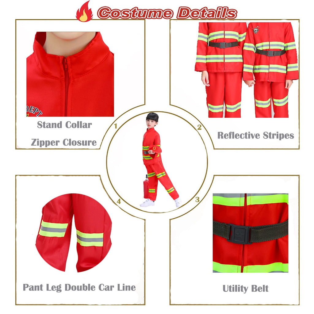 NimJoy Fireman Halloween Costume Dress-up Set Pretend Role Play Firefighter Realistic Outfit Kit Preshool Toy for Boys 3-6 Years Toddler Birthday Christmas Present, 8Pcs Red