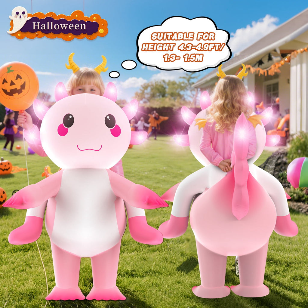 WonderStone Axolotls Inflatable Costume with LED Lights, Halloween Ride-on Costume, Blow-Up Dragon Onesie for Cosplay Party, Suitable for Kids Ages 7-12