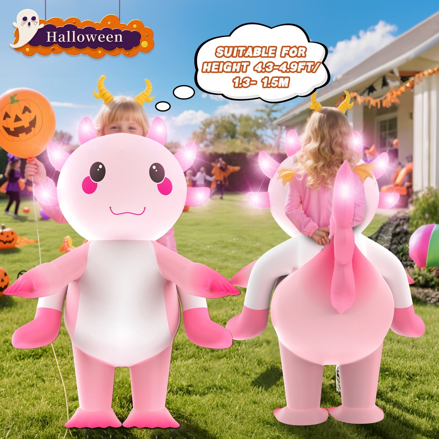 WonderStone Axolotls Inflatable Costume with LED Lights, Halloween Ride-on Costume, Blow-Up Dragon Onesie for Cosplay Party, Suitable for Kids Ages 7-12