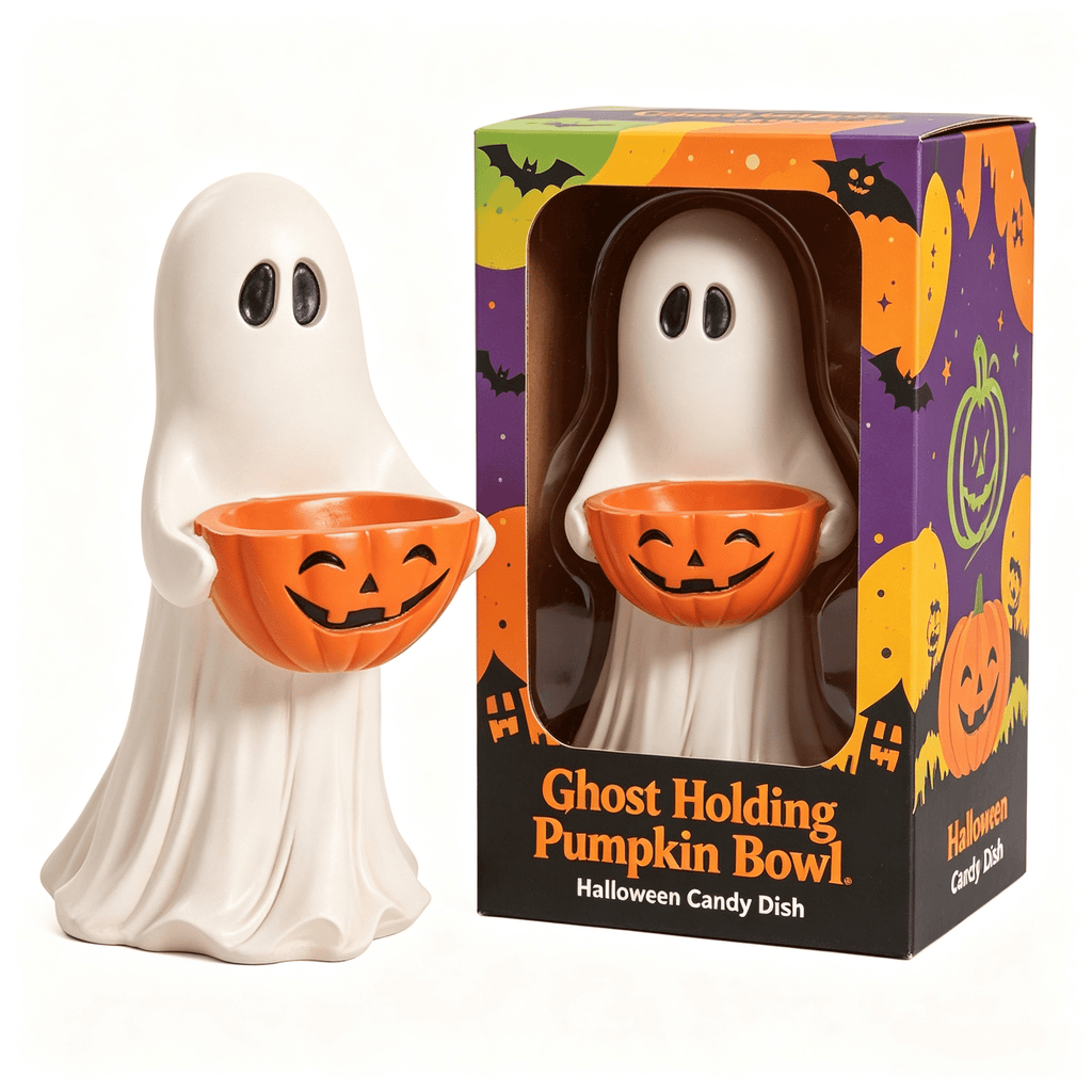 Halloween Ghost Figurine with Pumpkin Candy Bowl, Resin Spooky Ghost Statue Holding Jack O Lantern Treat Bowl, Cute Ghost Candy Holder Tabletop Decor for Front Door Decorations White
