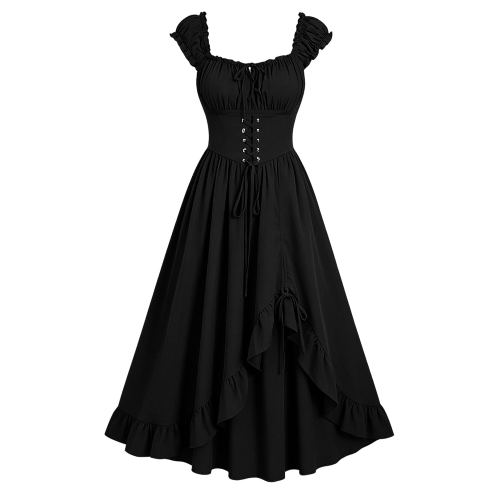 Gothic Dresses for Women Medieval Renaissance Halloween Costume Lace Up Corset High Low Ruffle Hem Square Neck Vintage Gown