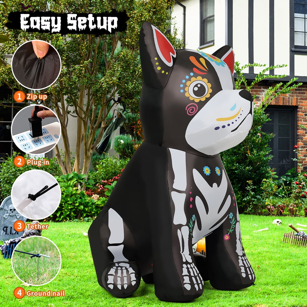 GOOSH Halloween Inflatables 5 FT Halloween Dog Inflatable with LED Lights, Halloween Blow up Dog Inflatable Skeleton Bulldog, Outdoor Halloween Decorations Skeleton Dog Blow up for Halloween Holiday