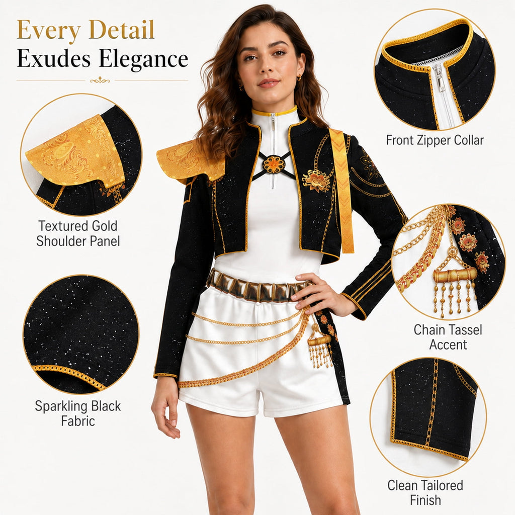 Pop Star Cosplay Costume for Women, Black Gold Military Jacket Shorts Set for Stage & Halloween Theme Party